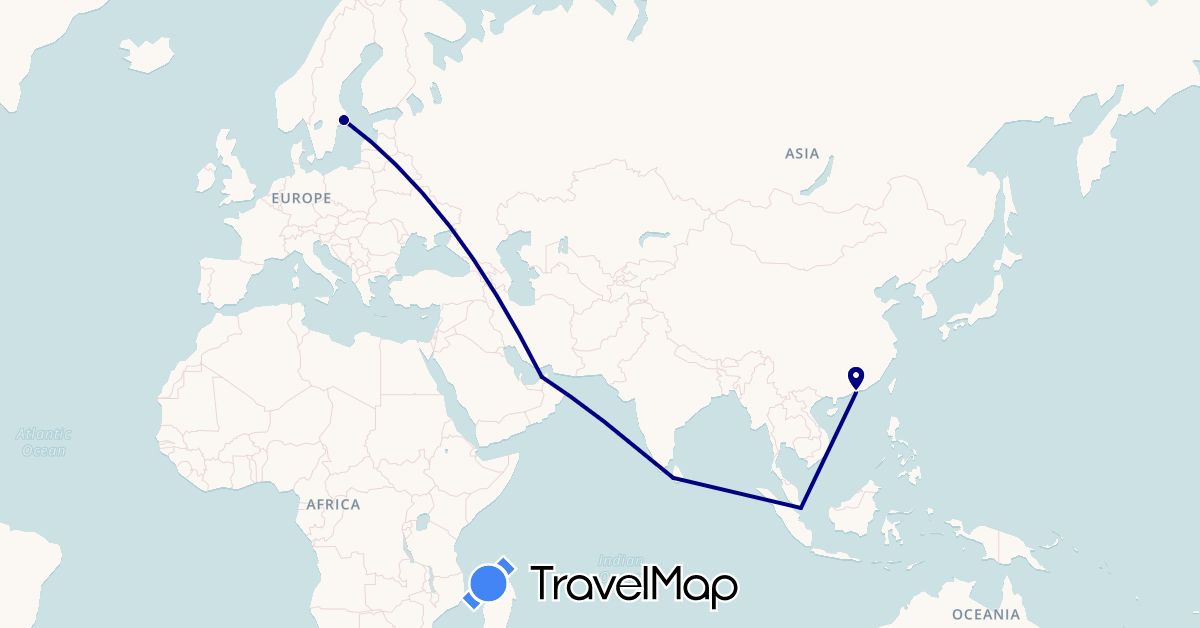 TravelMap itinerary: driving in United Arab Emirates, China, Sri Lanka, Sweden, Singapore (Asia, Europe)